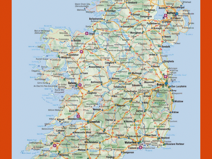 Elevation And Road Map Of Ireland Maps Of Ireland Maps Of Europe GIF Map Maps Of The World In GIF Format Maps Of The Whole World