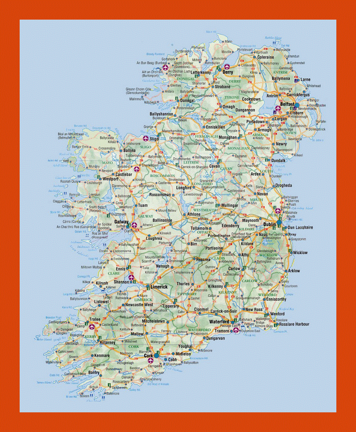 Elevation And Road Map Of Ireland Maps Of Ireland Maps Of Europe GIF Map Maps Of The World In GIF Format Maps Of The Whole World