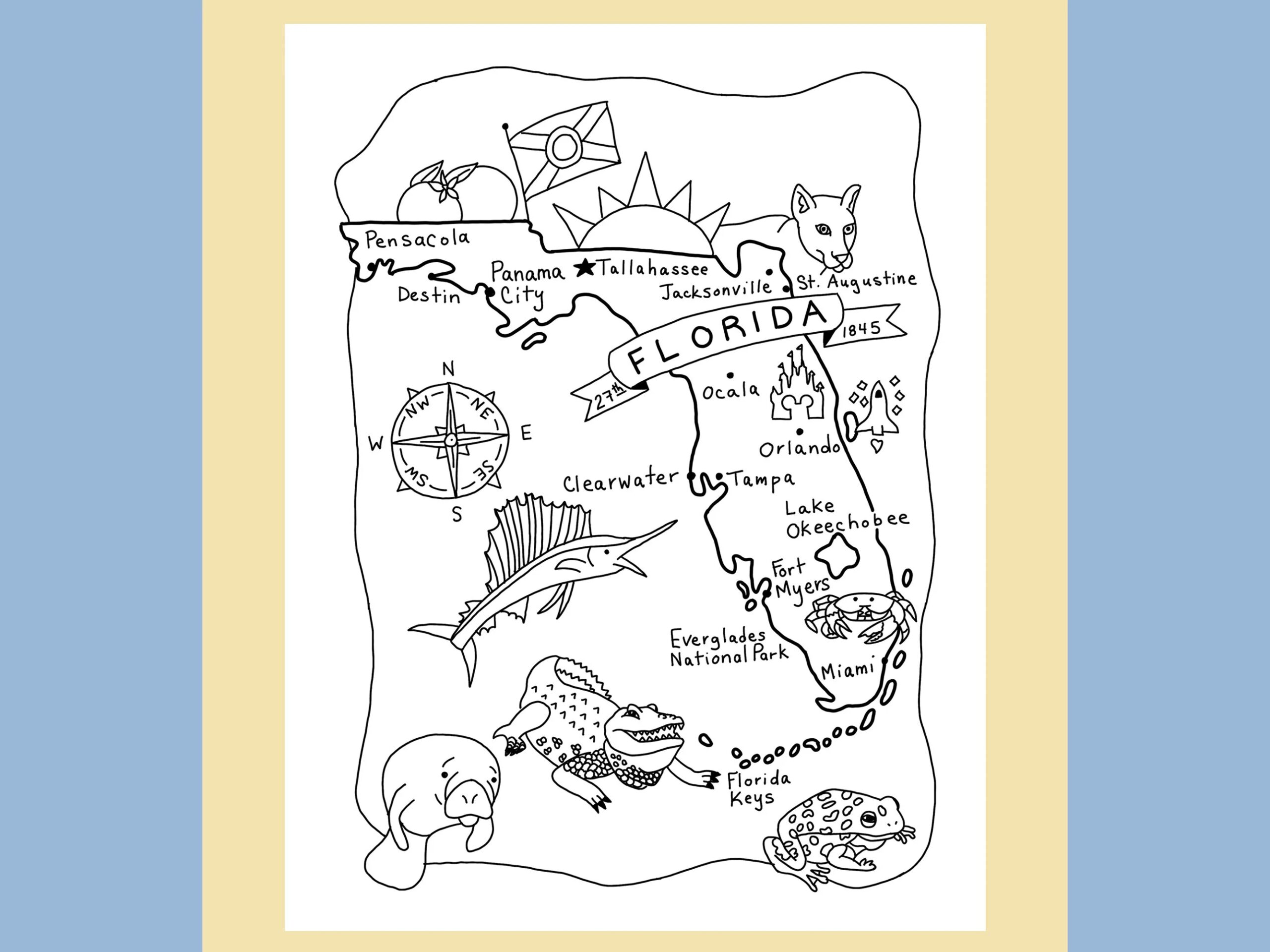 Florida Coloring Page Printable State Map Worksheet Travel Poster Print Education Packet USA Geography Kids Activity Book Etsy