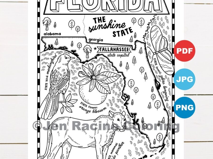 Florida Coloring Page United States State Map Wildlife State Symbols Flowers Coloring Pages Etsy