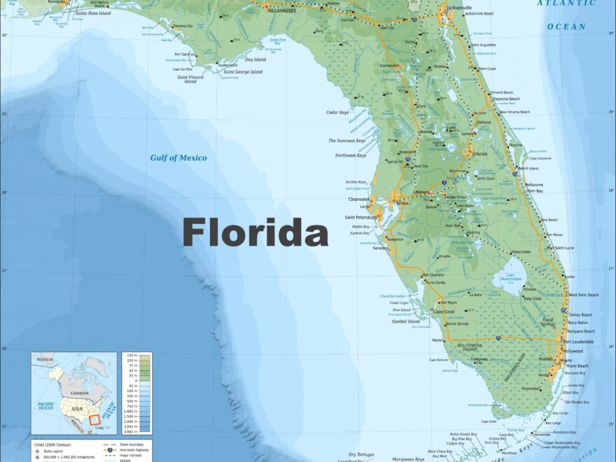 Florida Physical Map Florida Topographic And Elevation Map Ontheworldmap