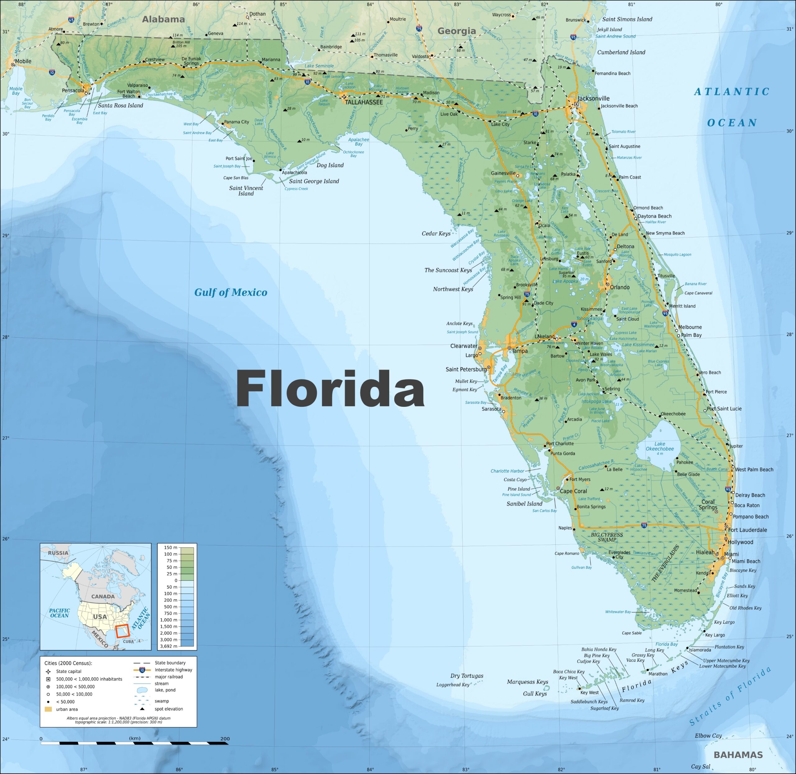 Florida Physical Map Florida Topographic And Elevation Map Ontheworldmap