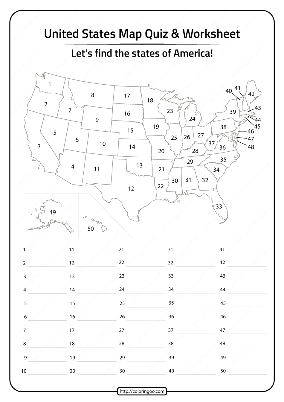 50 States Map Test Printable