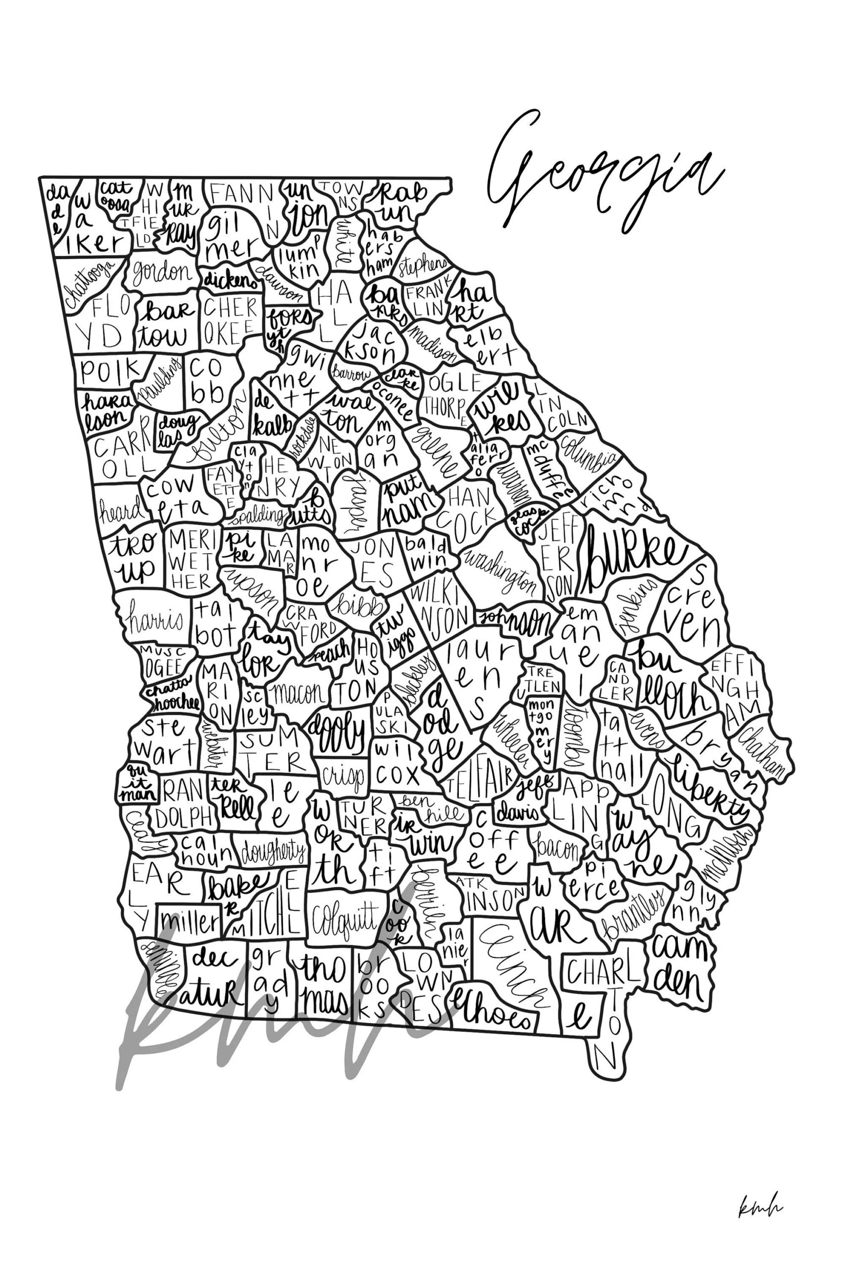 Georgia Map Counties Handlettering Digital Download Etsy