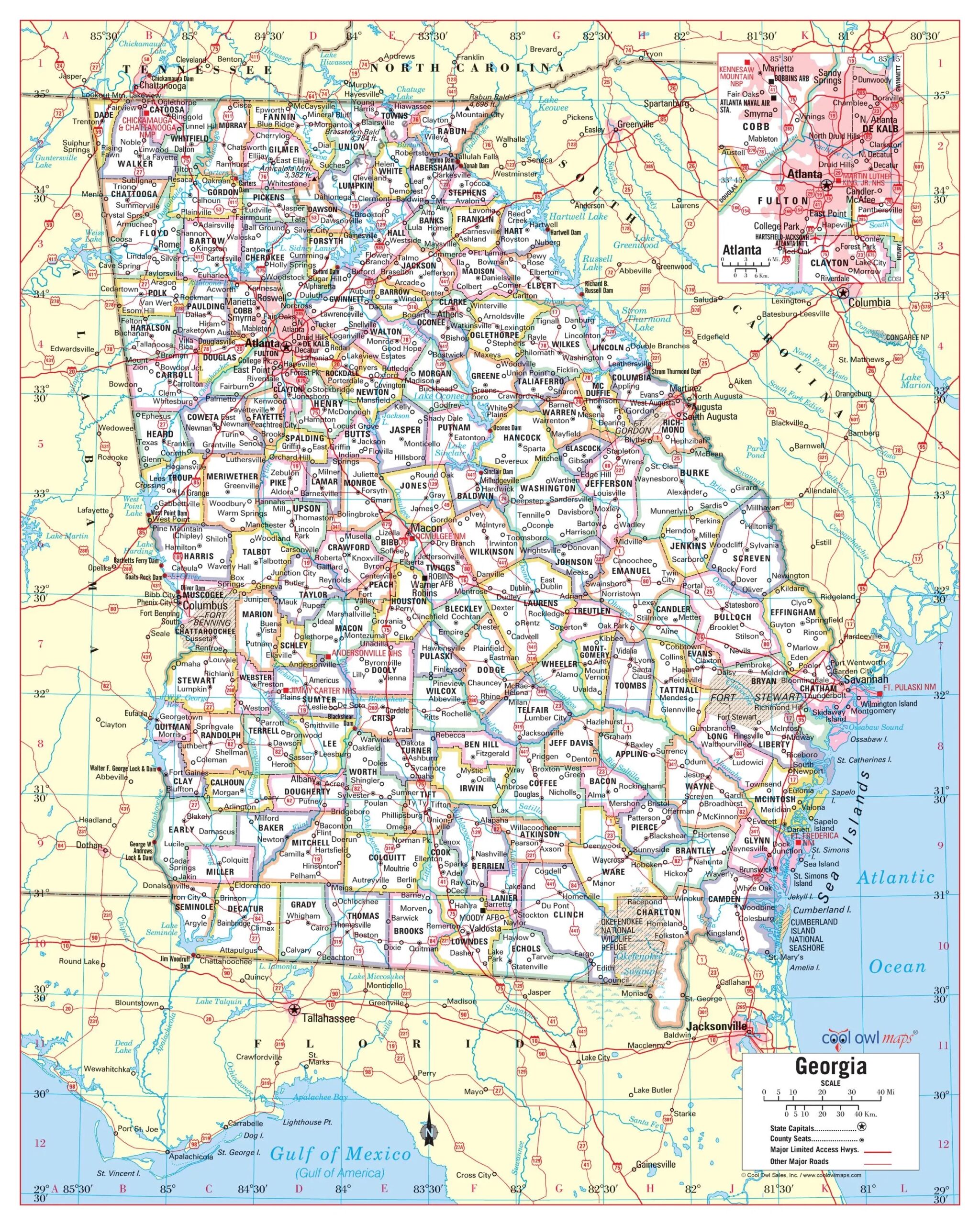 Georgia State Wall Map Large Print Poster 24 x30 Etsy
