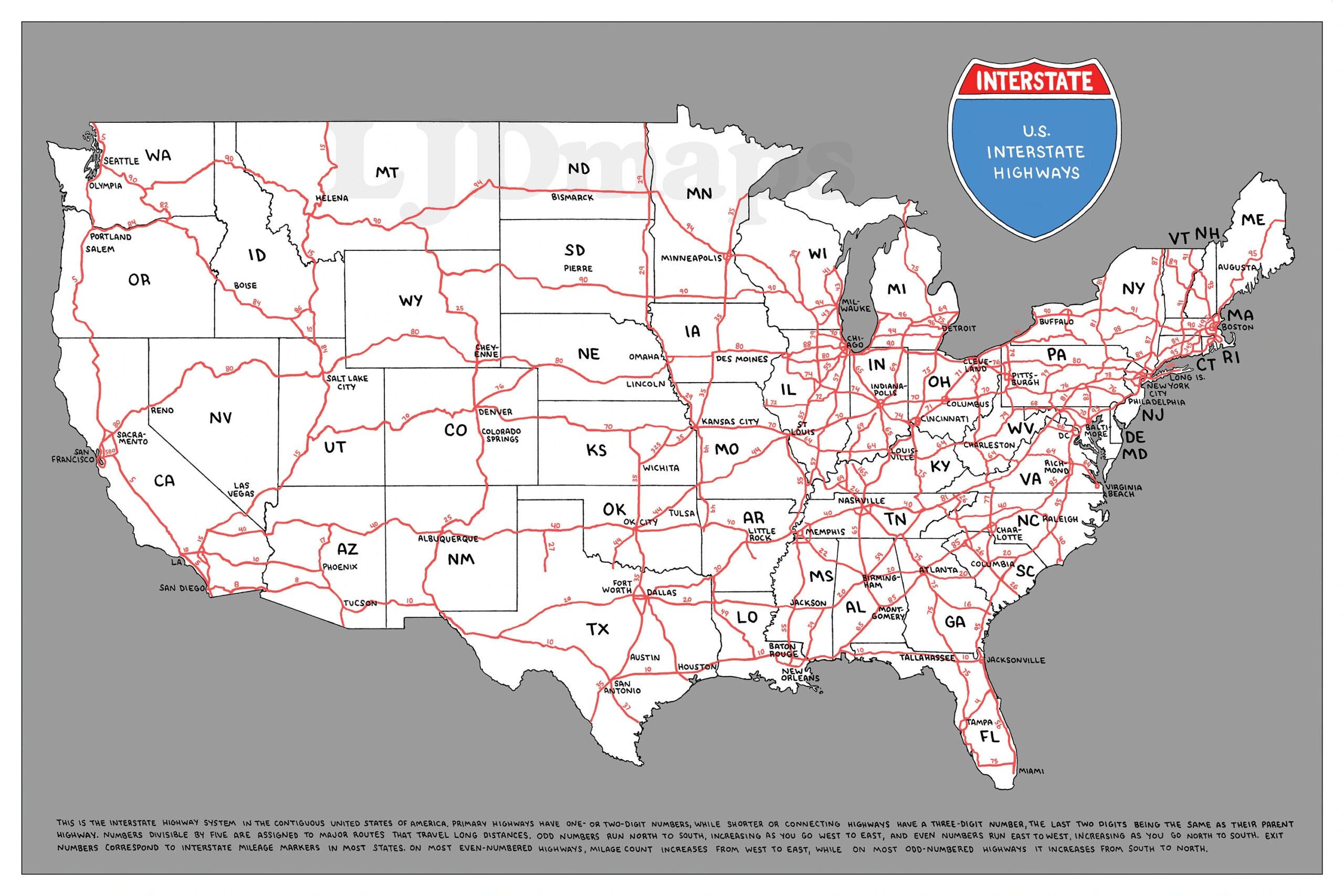Hand drawn US Interstate Highway Map Digital Printable Download Etsy