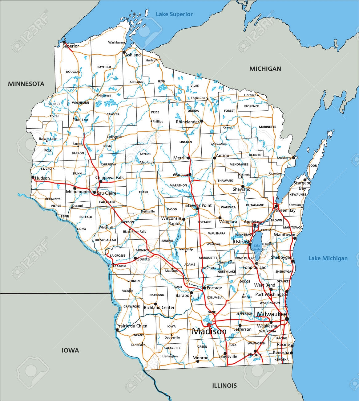 High Detailed Wisconsin Road Map With Labeling Royalty Free SVG Cliparts Vectors And Stock Illustration Image 180796907 High Detailed Wisconsin Road Map With Labeling Royalty Free SVG Cliparts Vectors And Stock Illustration Image 180796907
