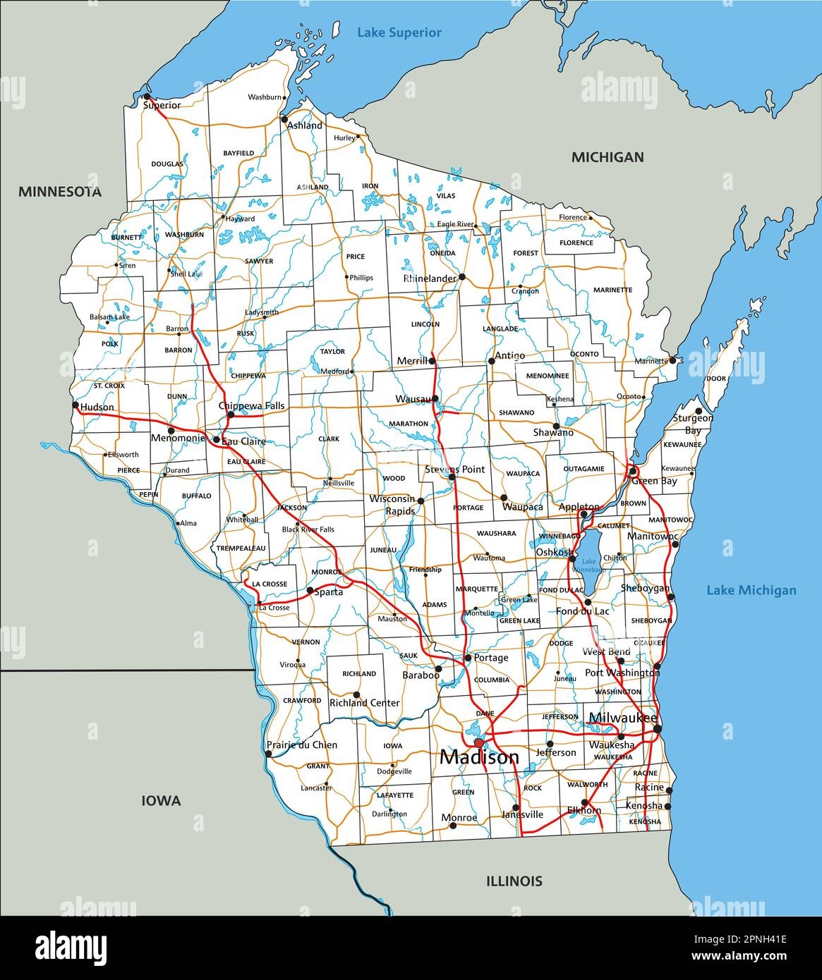 High Detailed Wisconsin Road Map With Labeling Stock Vector Image Art Alamy