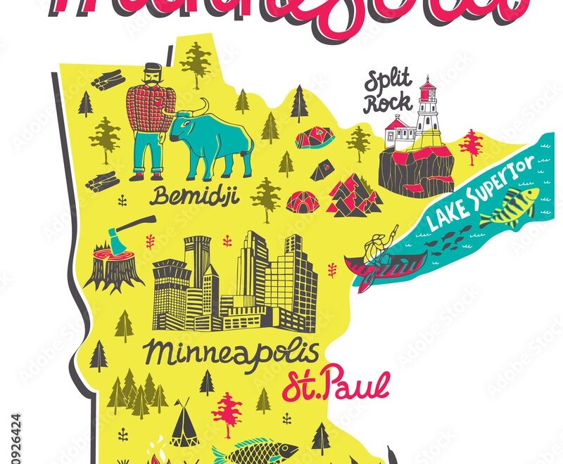 Illustrated Map Of Minnesota USA Travel And Attractions Souvenir Print Stock Vector Adobe Stock