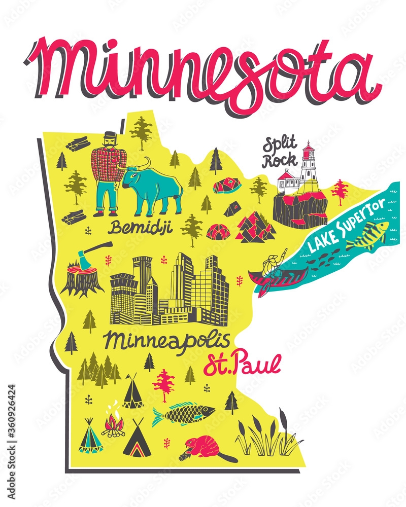 Illustrated Map Of Minnesota USA Travel And Attractions Souvenir Print Stock Vector Adobe Stock Illustrated Map Of Minnesota USA Travel And Attractions Souvenir Print Stock Vector Adobe Stock