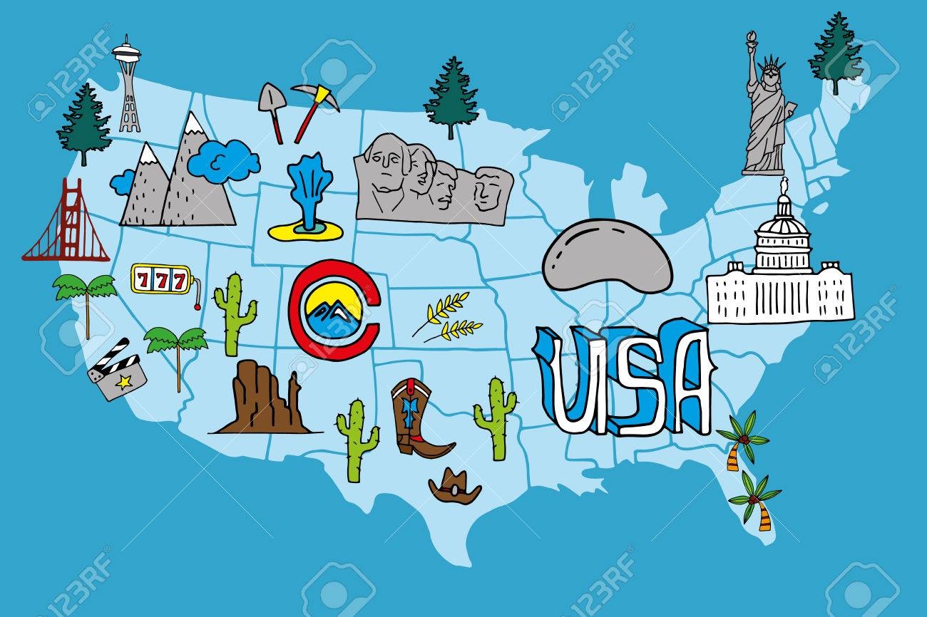 Illustrated USA Map Hand Drawn Elements With Symbols Of Tourist Attractions Creative Design Element For Tourist Banner Wall Decoration Travel Guide Print Royalty Free SVG Cliparts Vectors And Stock Illustration Image 79077320 