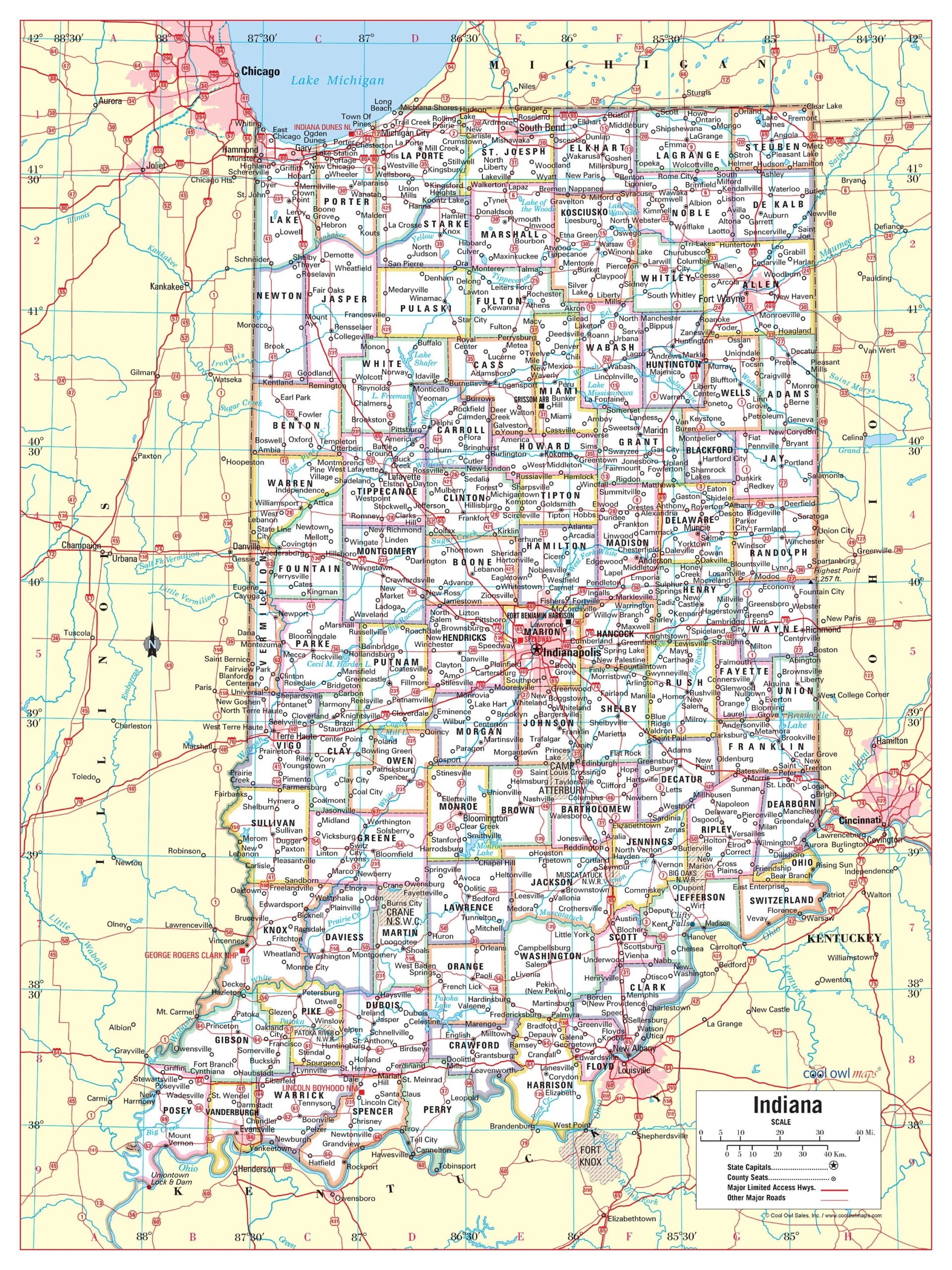 Indiana State Wall Map Large Print Poster 24 x32 Etsy