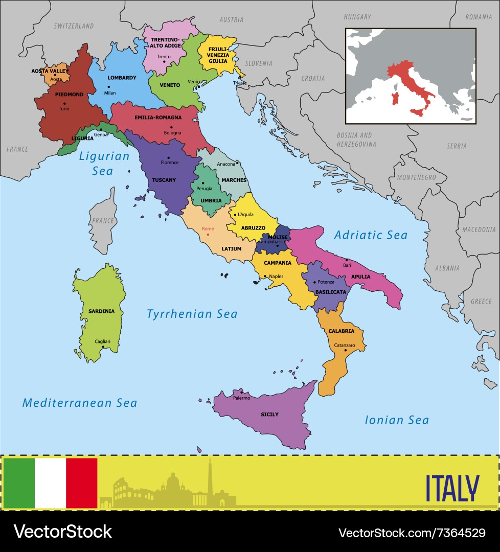 Italy Map With Regional Capitals Royalty Free Vector Image
