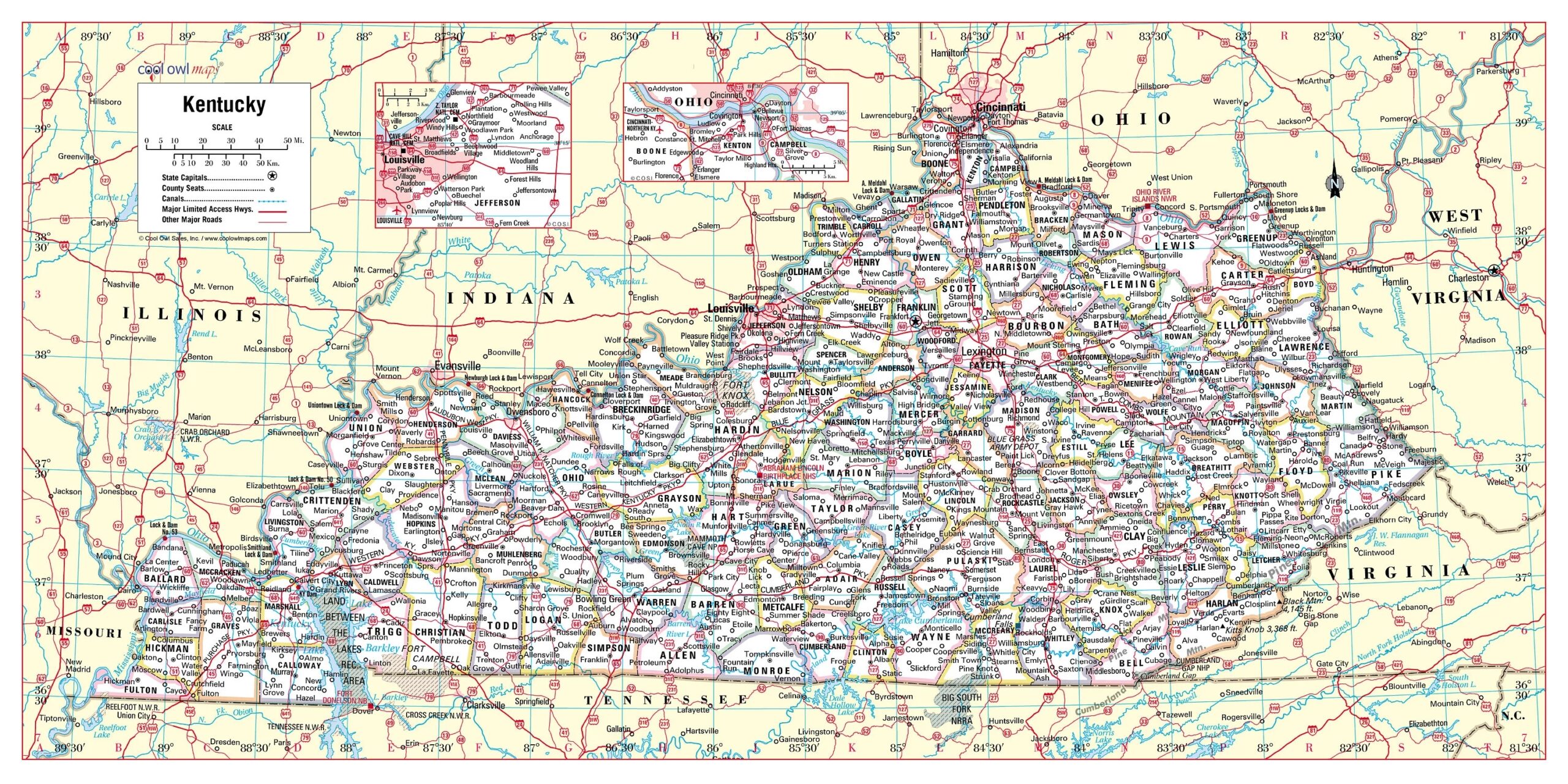Kentucky State Wall Map Large Print Poster 36 wx18 h Etsy