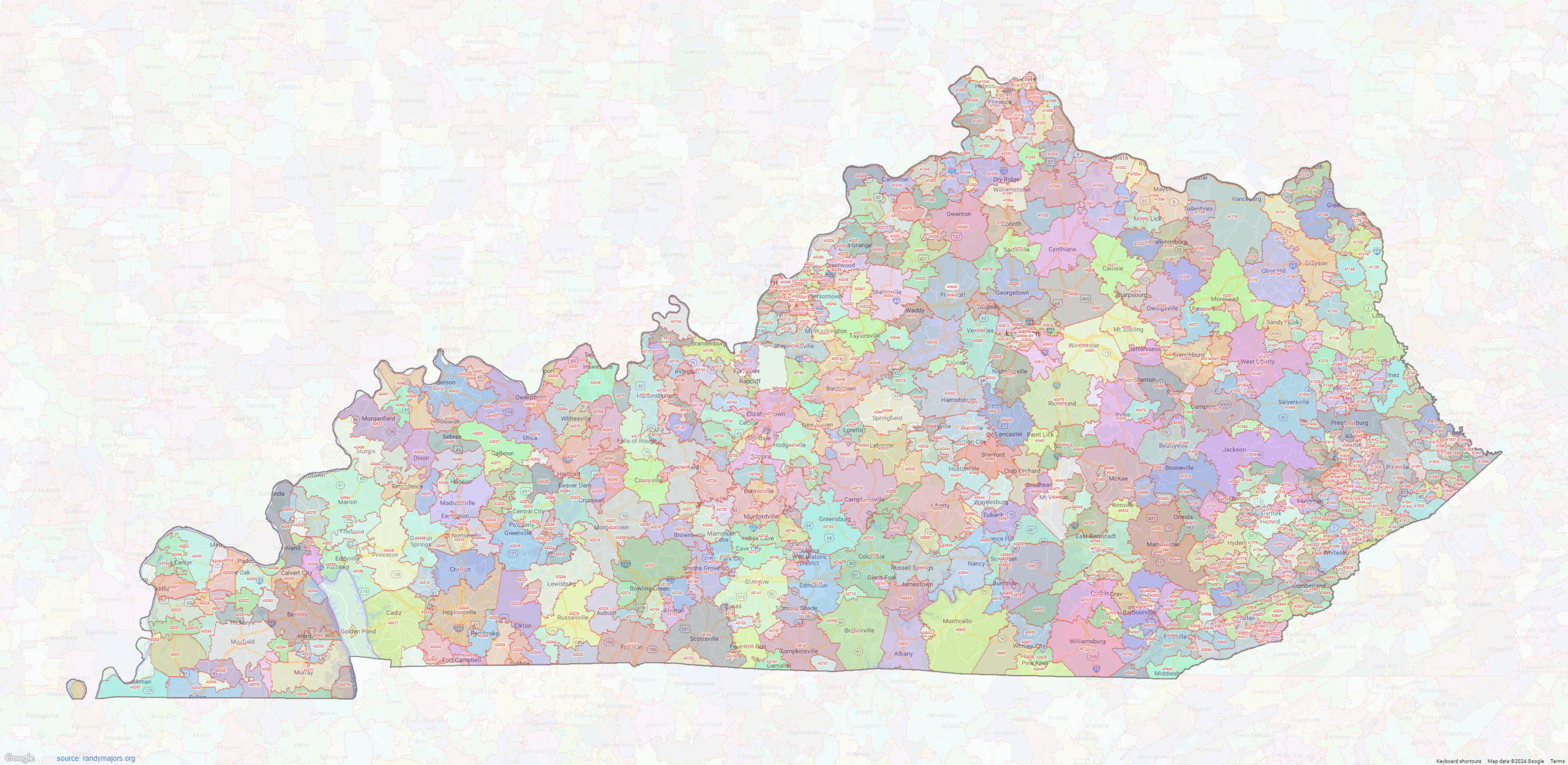 Kentucky ZIP Codes Shown On Google Maps