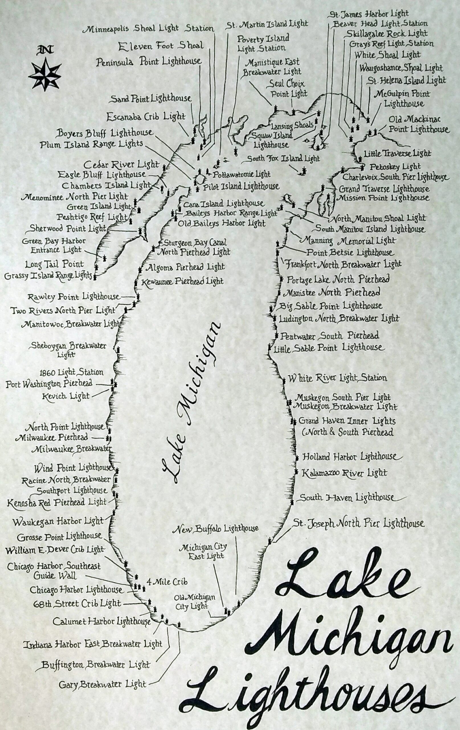 Lake Michigan Lighthouses Map Etsy