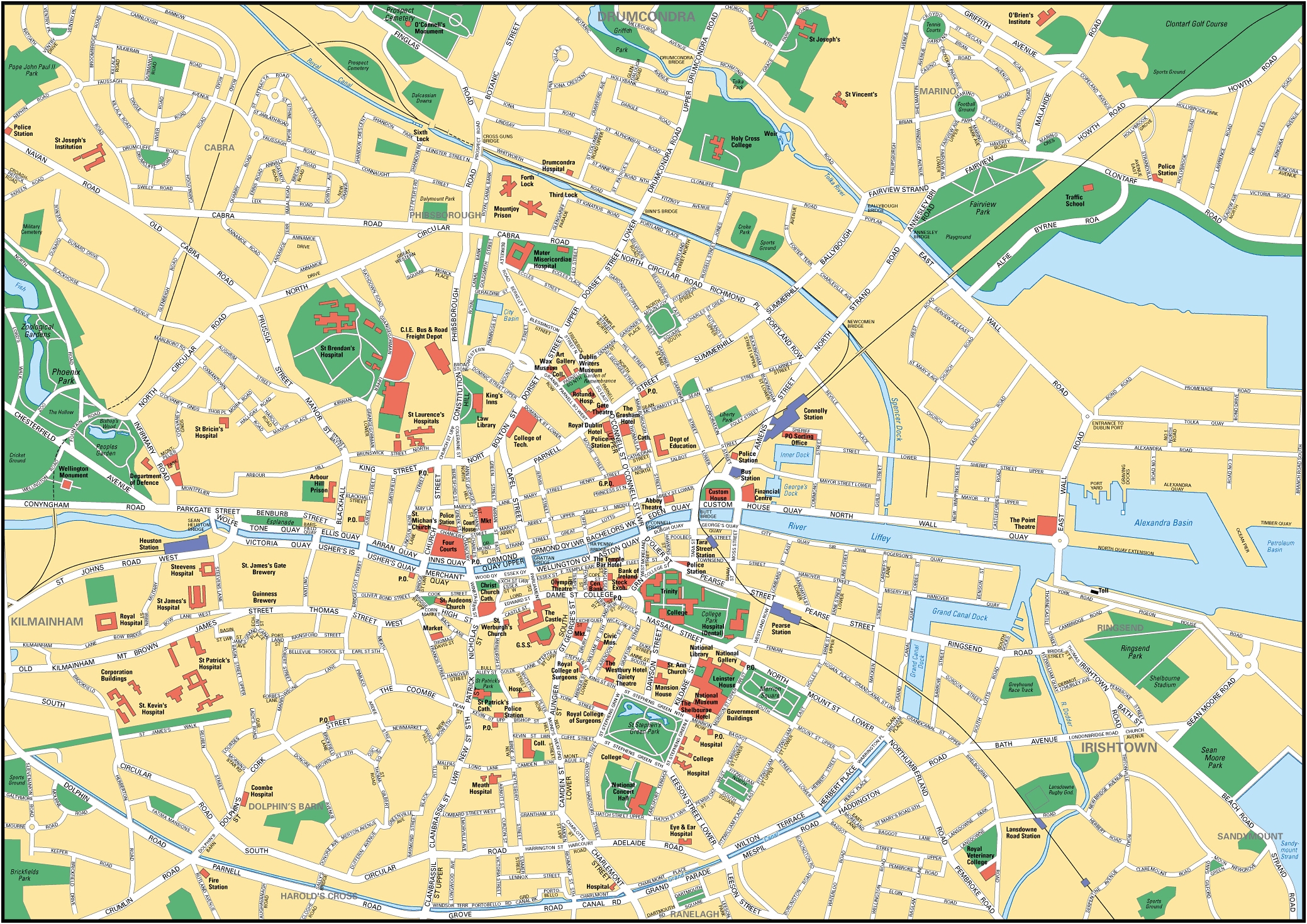 Large Detailed Road Map Of Dublin City Center Dublin City Center Large Detailed Road Map Vidiani Maps Of All Countries In One Place
