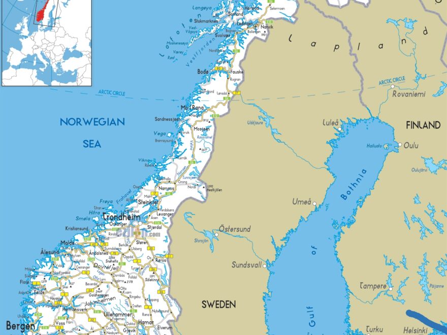 Large Detailed Road Map Of Norway With All Cities And Airports Vidiani Maps Of All Countries In One Place