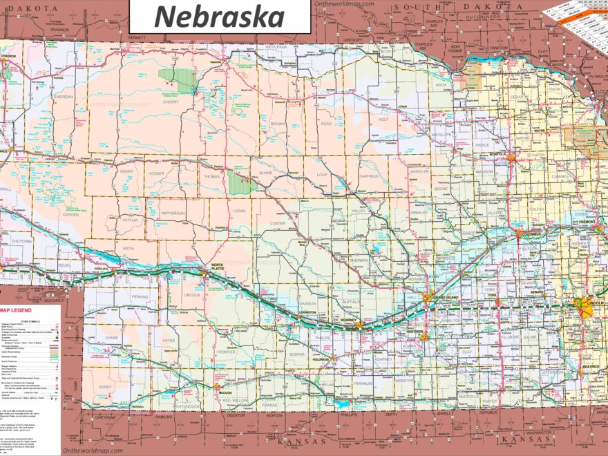 Large Detailed Tourist Map Of Nebraska With Cities And Towns Ontheworldmap