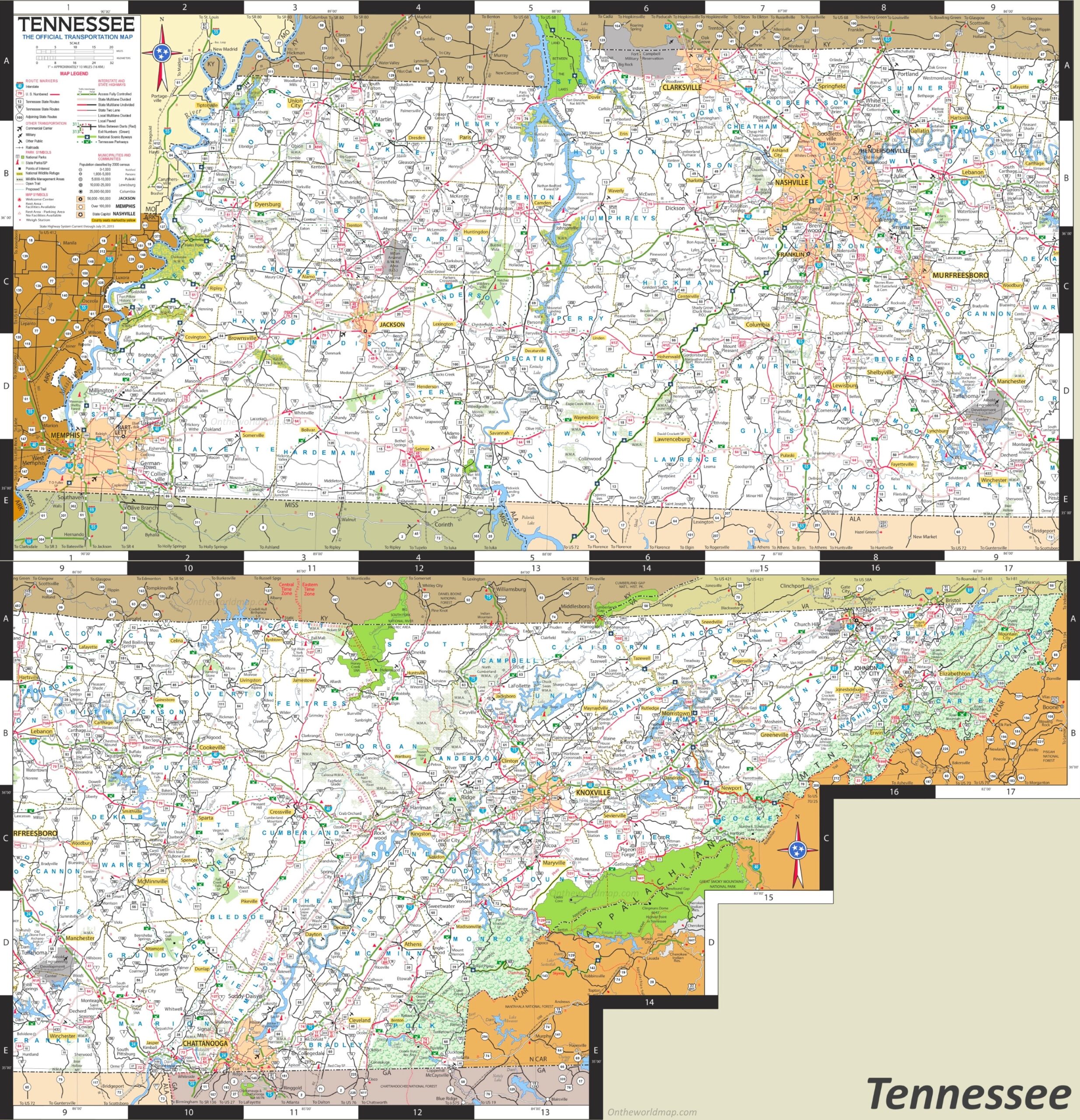 Large Detailed Tourist Map Of Tennessee With Cities And Towns Ontheworldmap