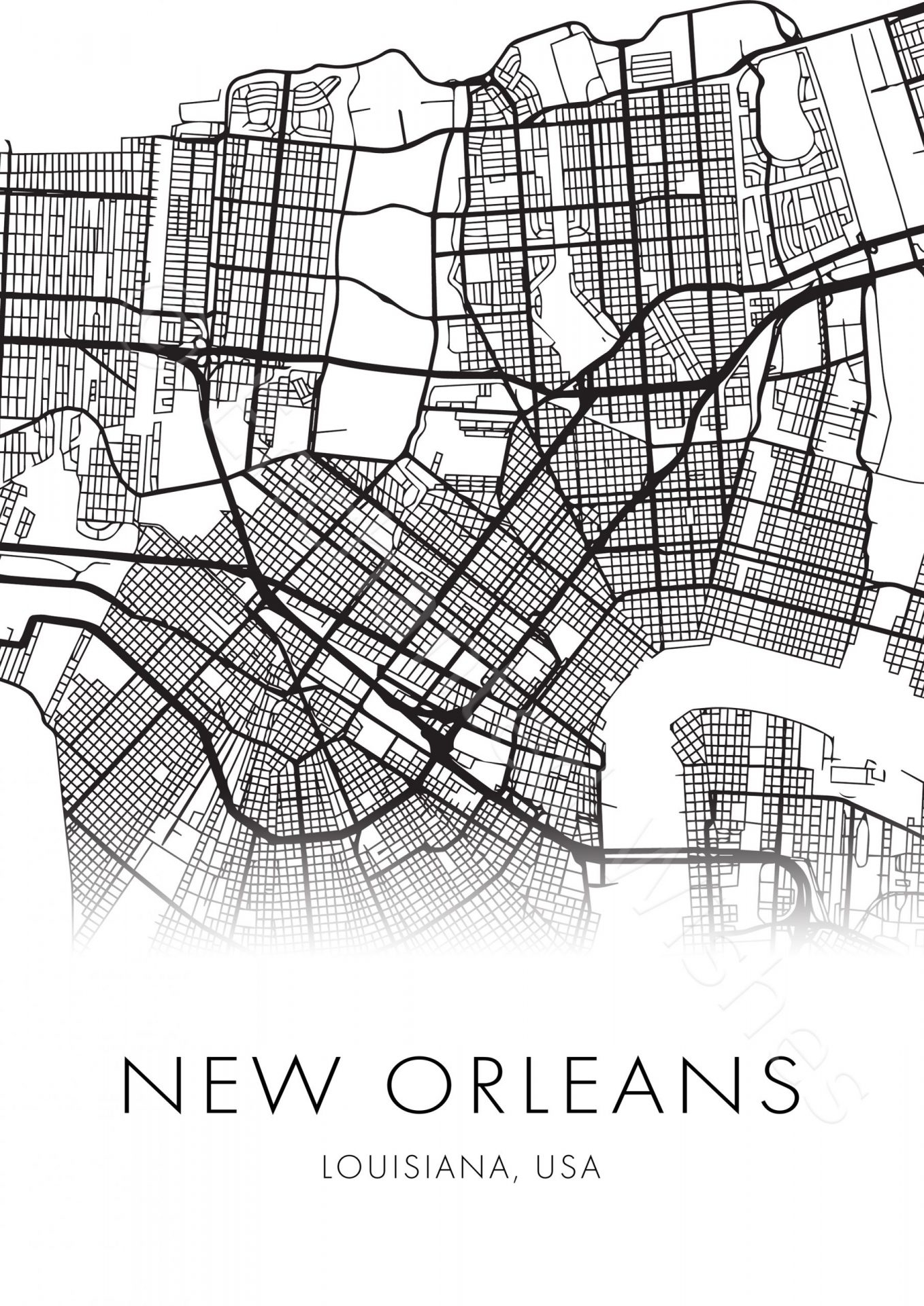 Large New Orleans City Map Print Wall Art Printable Prints