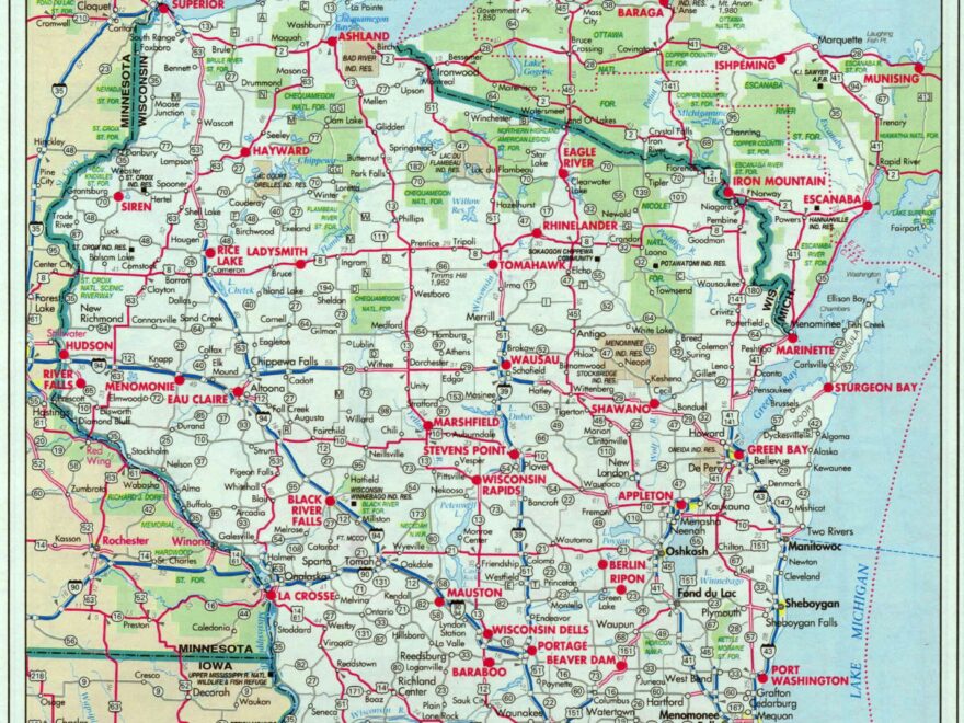 Large Roads And Highways Map Of Wisconsin State With National Parks And Cities Vidiani Maps Of All Countries In One Place