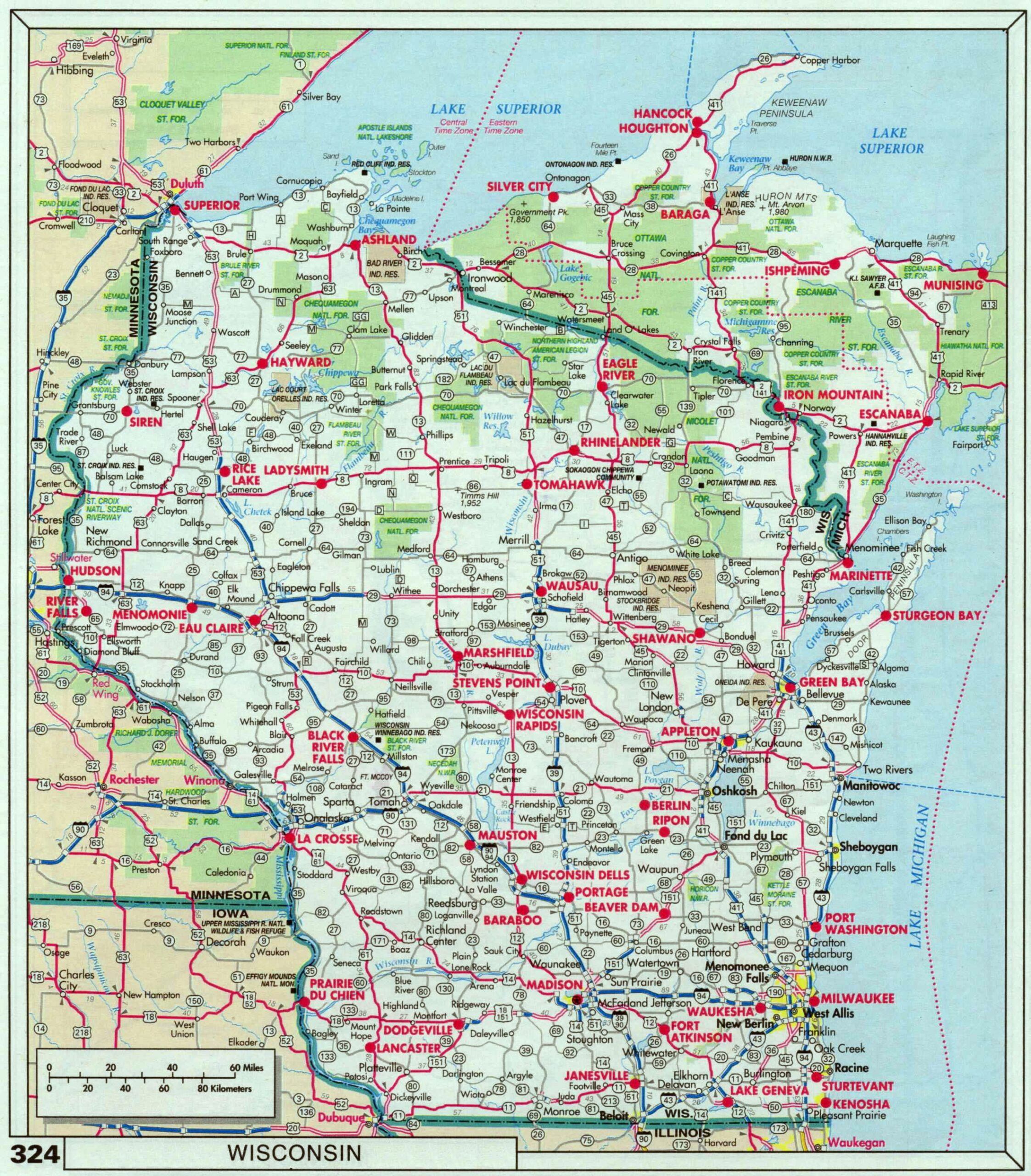 Large Roads And Highways Map Of Wisconsin State With National Parks And Cities Vidiani Maps Of All Countries In One Place