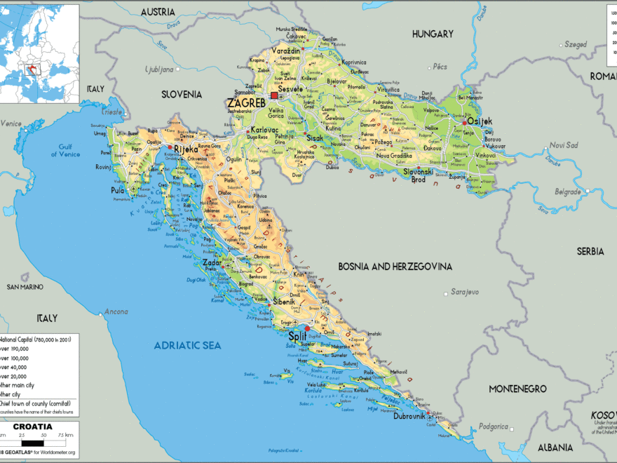 Large Size Physical Map Of Croatia Worldometer
