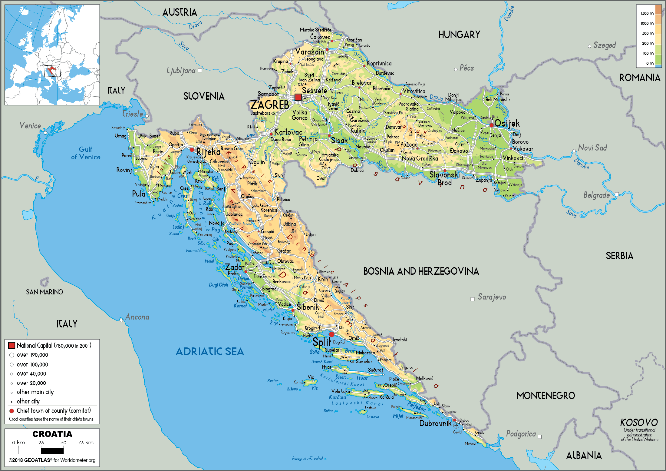 Large Size Physical Map Of Croatia Worldometer Large Size Physical Map Of Croatia Worldometer