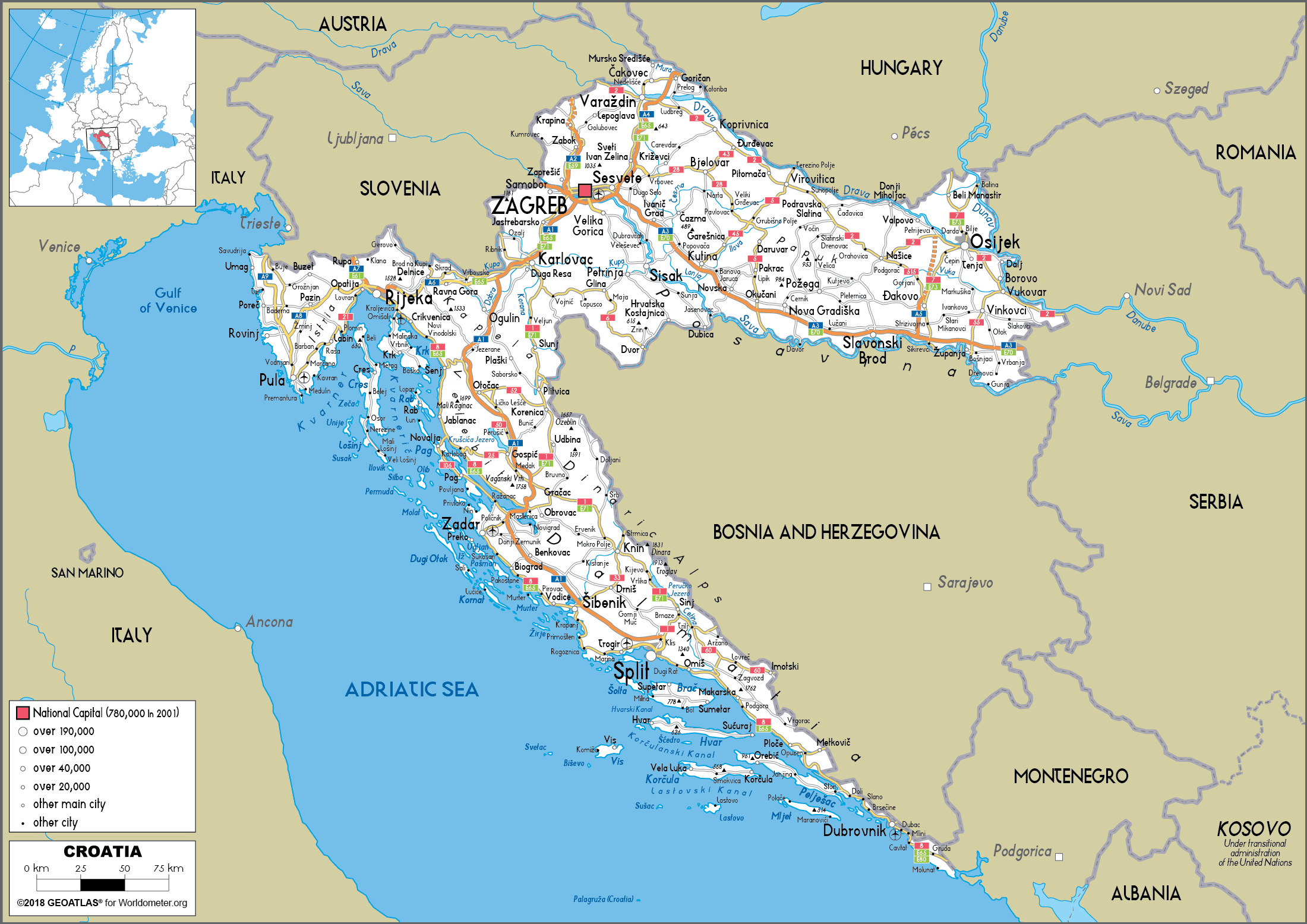 Large Size Road Map Of Croatia Worldometer Large Size Road Map Of Croatia Worldometer