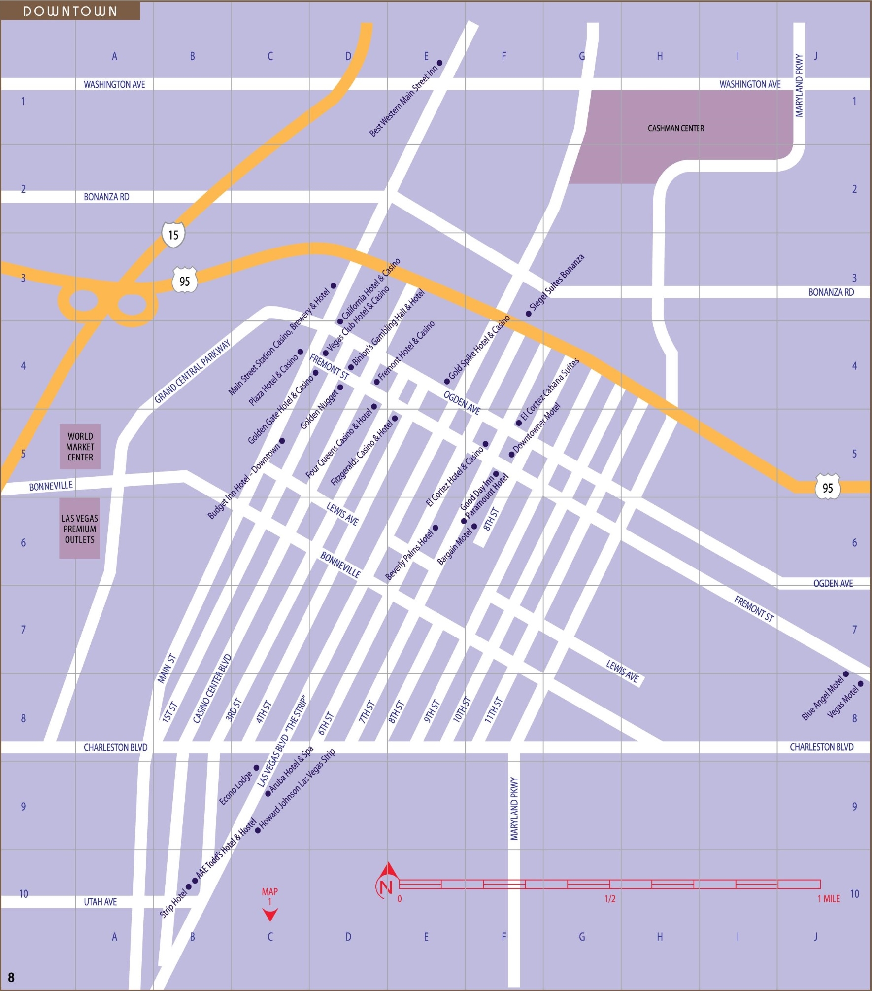 Las Vegas Downtown And Fremont Street Map Ontheworldmap