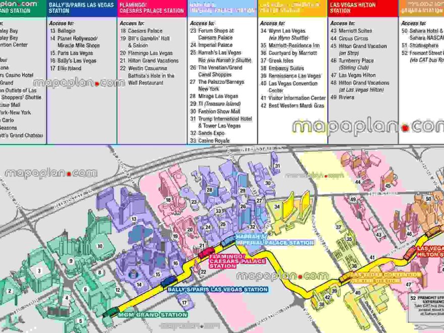 Las Vegas Tourist Guide Map Monorail Stations Nearby Boulevard Hotels Including Luxor Pyramid Shuttle Showcase Mall Four Seasons Marriott Planet Hollywood Imperial Palace The Venetian Grand Canal Gondola