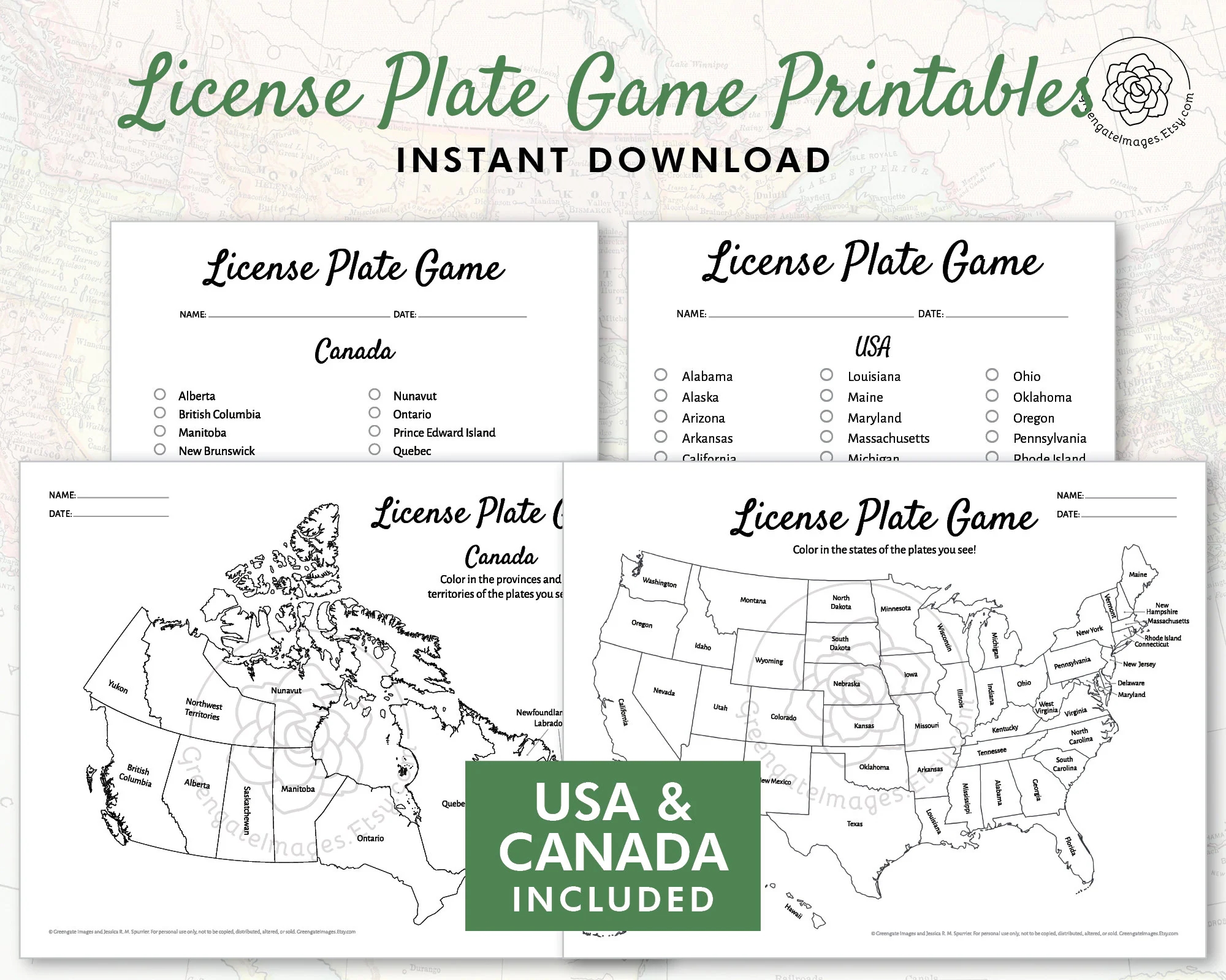 License Plate Game Printable US And Canada Road Trip Games Geography Printables For Kids Games For Car US State Checklist Coloring Map Etsy