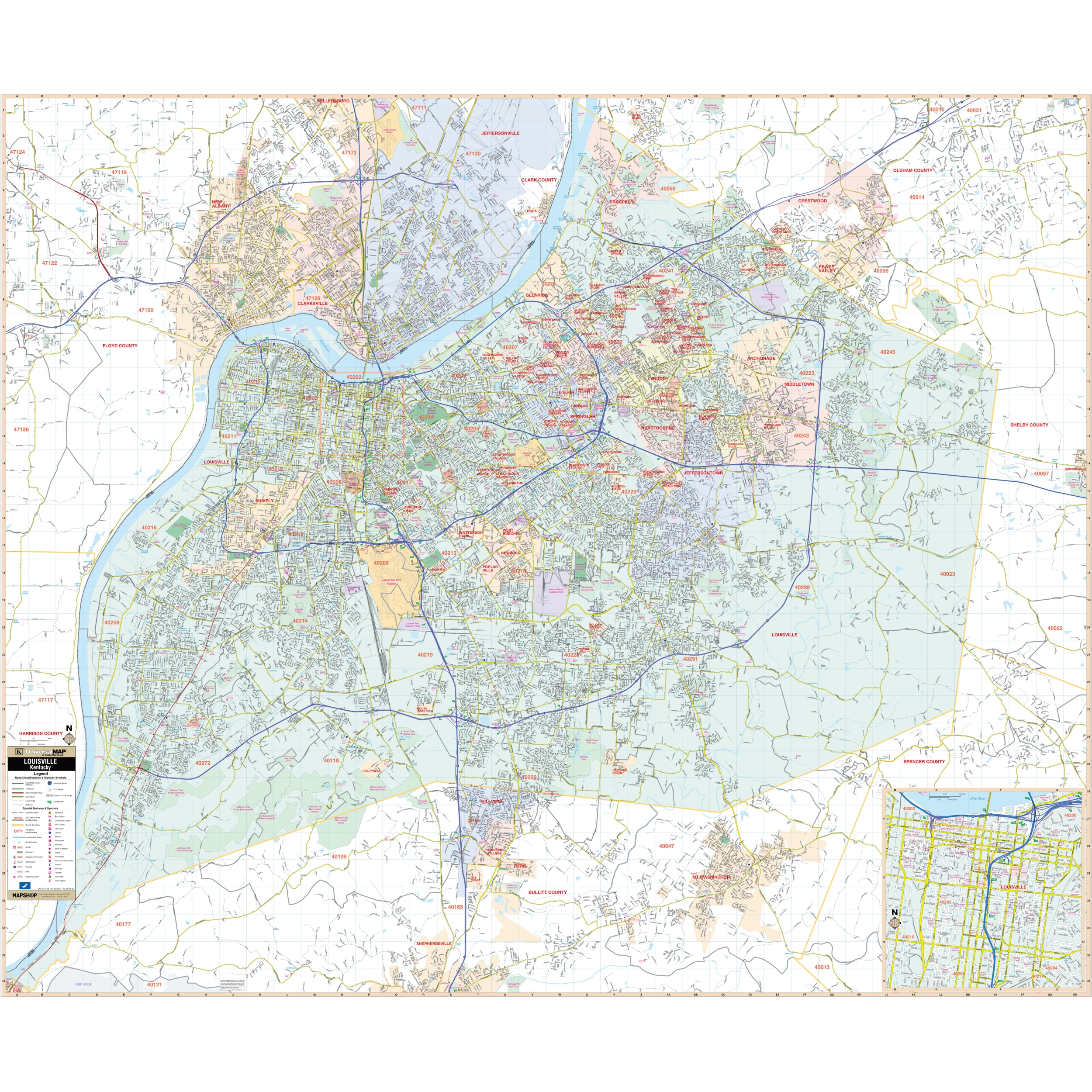 Louisville Jefferson County KY Wall Map By Kappa The Map Shop