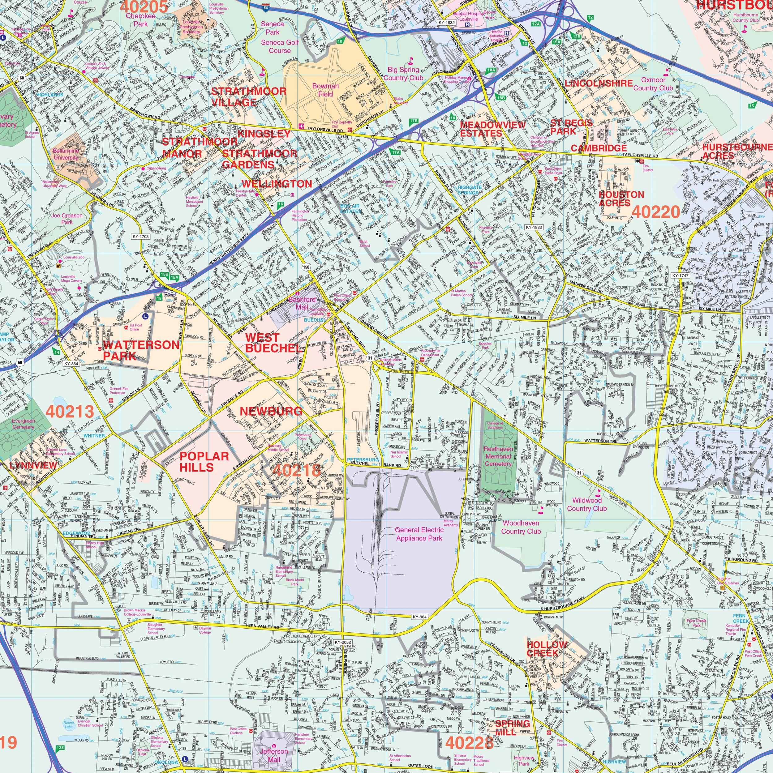 Louisville Jefferson County KY Wall Map By Kappa The Map Shop