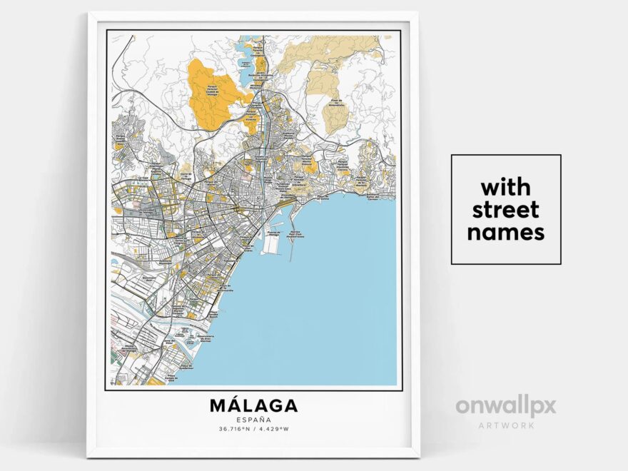 M laga Map Print Street Names Malaga Print Printable Map Of M laga City Map Art M laga Spain Map Art Travel Gift Poster Etsy