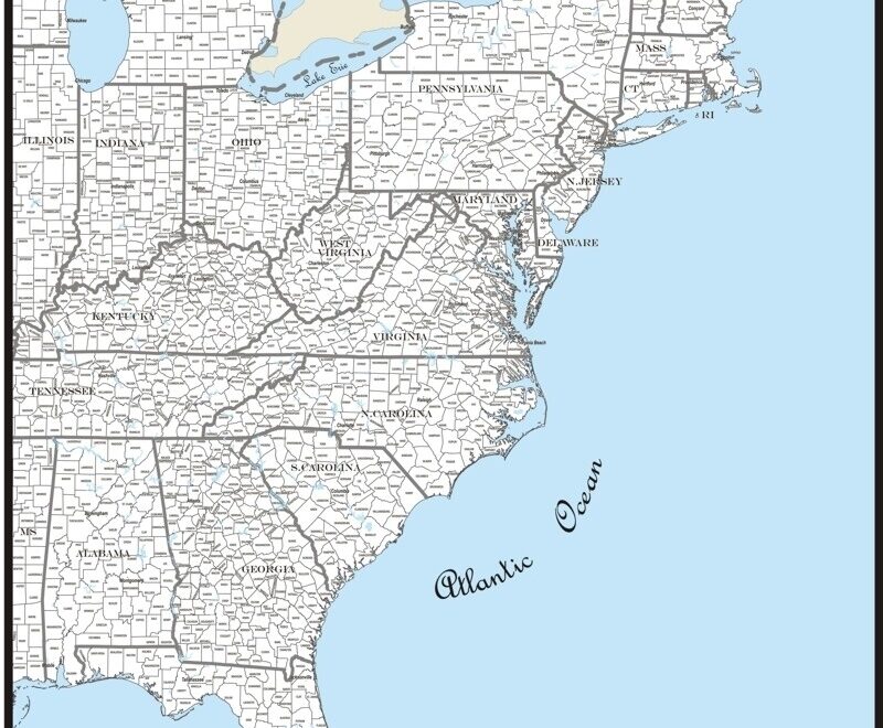 Map Custom East Coast USA Region County Outline county Names Major Cities