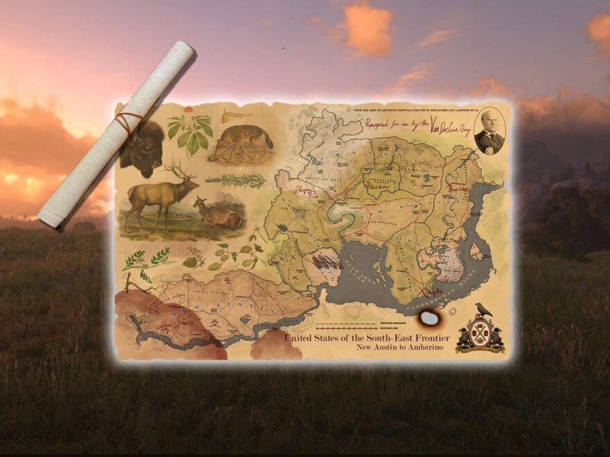 Map Of Ambarino To West Austin Territories RDR Cloth Map Scroll Inspired By Red Dead Redemption Geekify Inc