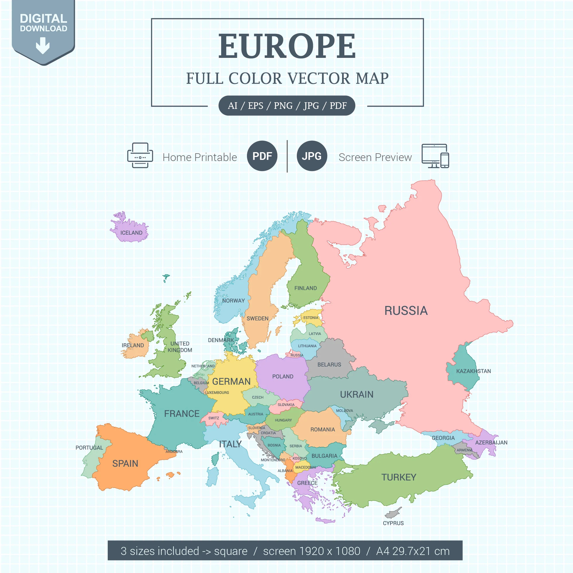 Printable A3 Colour Map Of Europe Printable A3 Colour Map Of Europe