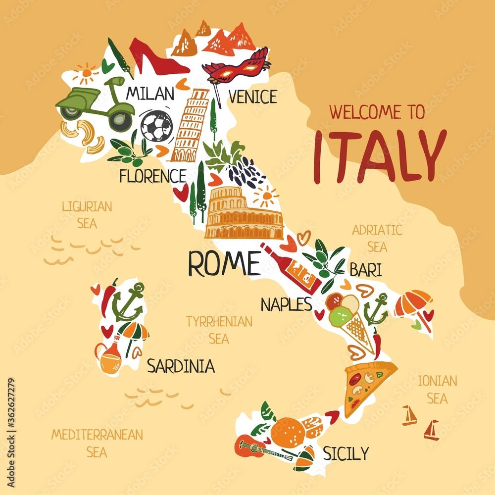 Map Of Italy With Cities And Sea Names For Children s Books And Posters Tourist Guide For