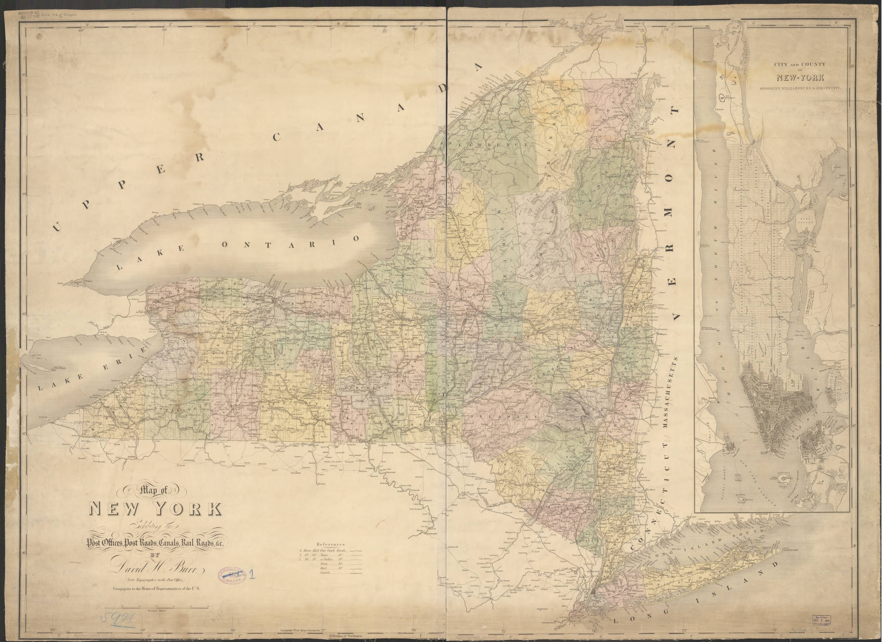 Map Of New York Exhibiting The Post Offices Post Roads Canals Rail Roads c By David H Burr Late Topographer To The Post Office Geographer To The House Of Representative 