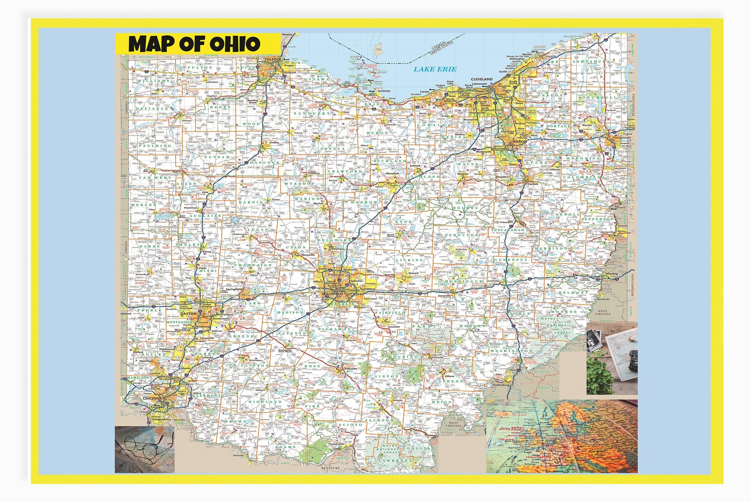 Map Of Ohio Large Detailed Roads And Highways Map Of Ohio State With All Cities Parks And Landmarks Laminated Wall Map Poster Print