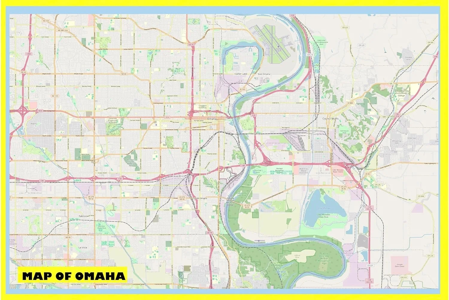 Map Of Omaha 18x24 With Neighborhoods Streets Roads Highways And Parks Laminated Wall Map Poster Print Vivid Imagery With Bright Colors Walmart
