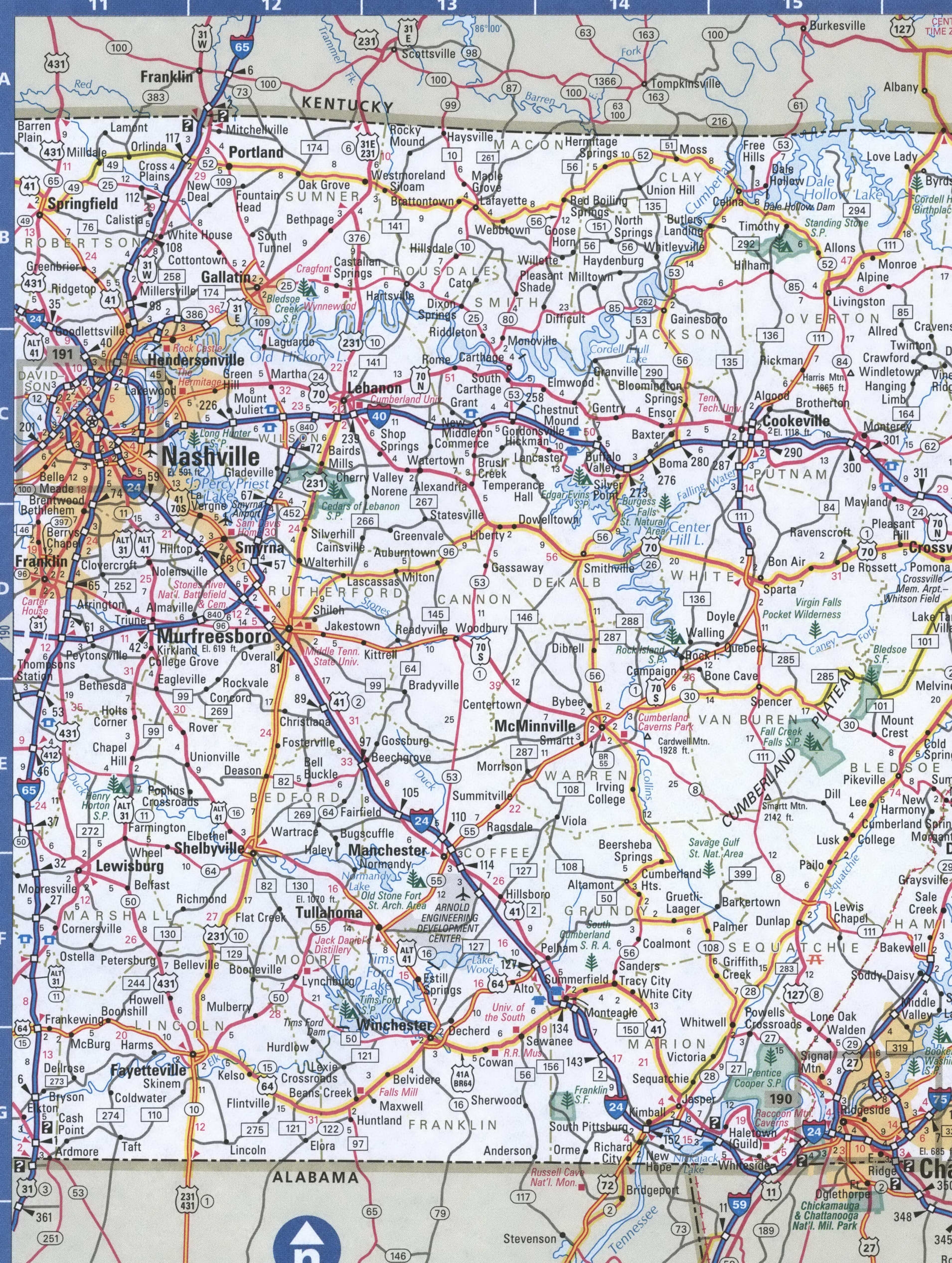 Map Of Tennessee eastern Detailed Road Map Of Tennessee eastern With Cities Villages And Rest Areas 