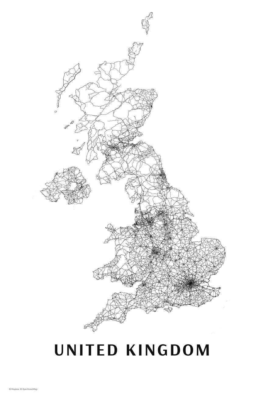 Map Of United Kingdom Black White Maps Of All Cities And Countries For Your Wall Europosters