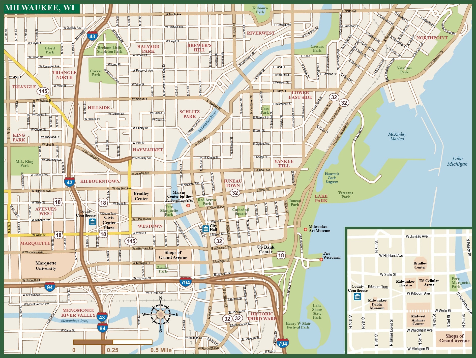 Milwaukee Downtown Map Digital Vector Creative Force