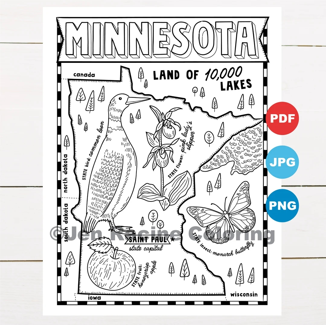 Minnesota Coloring Page United States State Map Wildlife State Symbols Flowers Coloring Pages Etsy Minnesota Coloring Page United States State Map Wildlife State Symbols Flowers Coloring Pages Etsy