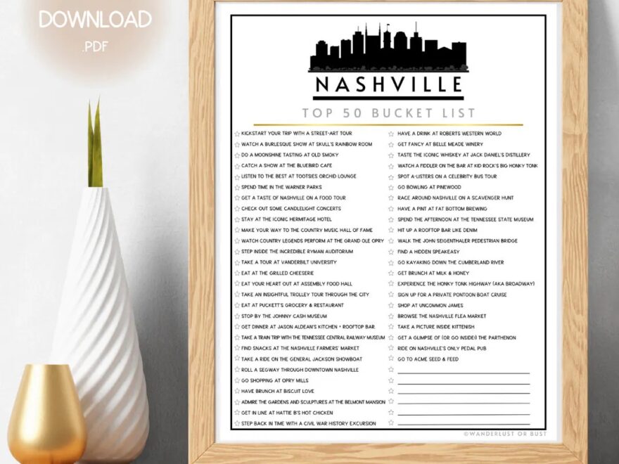 Nashville Bucket List Printable Top 50 Things To Do In Nashville List Must See Destinations Nashville TN Instant Download Checklist Etsy