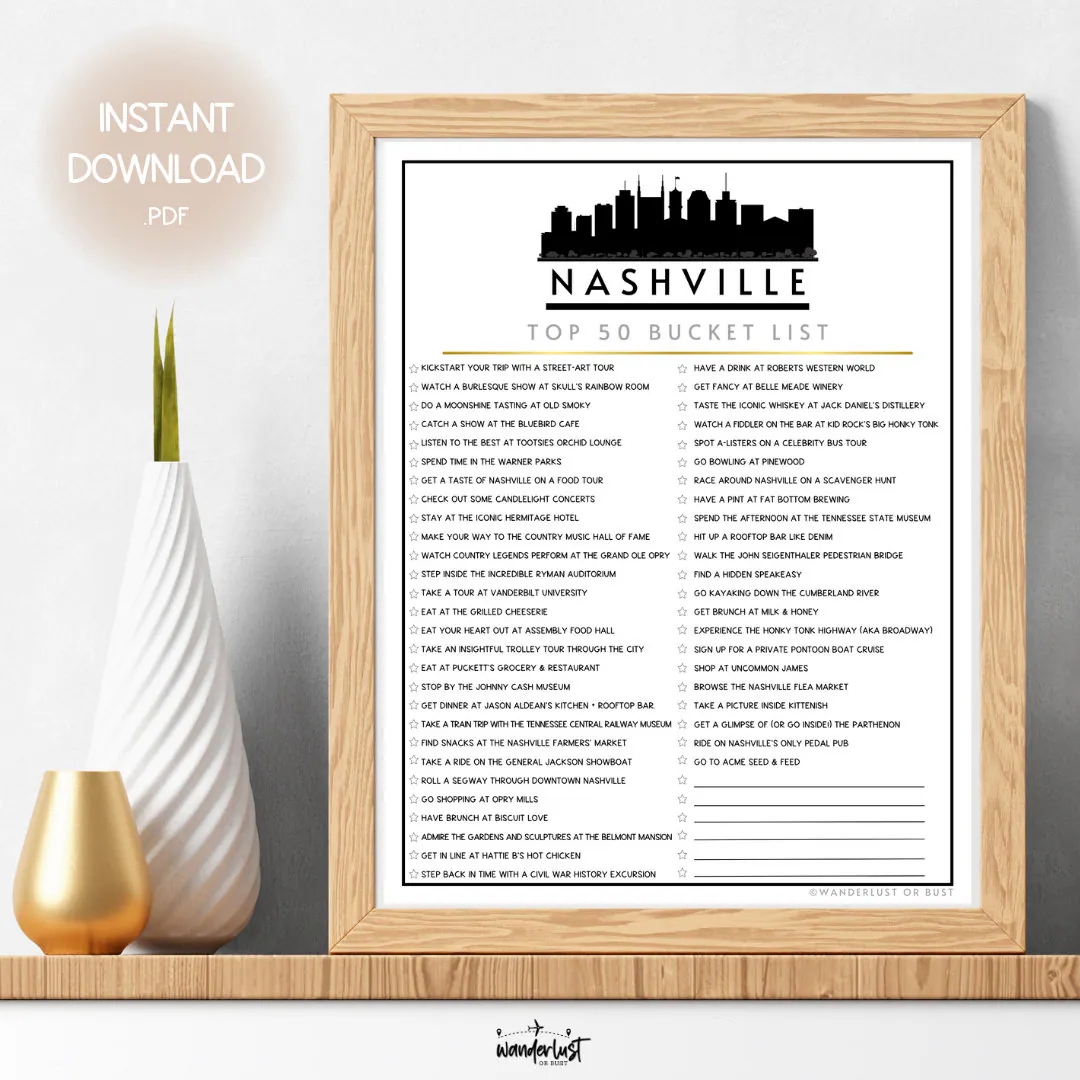 Nashville Bucket List Printable Top 50 Things To Do In Nashville List Must See Destinations Nashville TN Instant Download Checklist Etsy