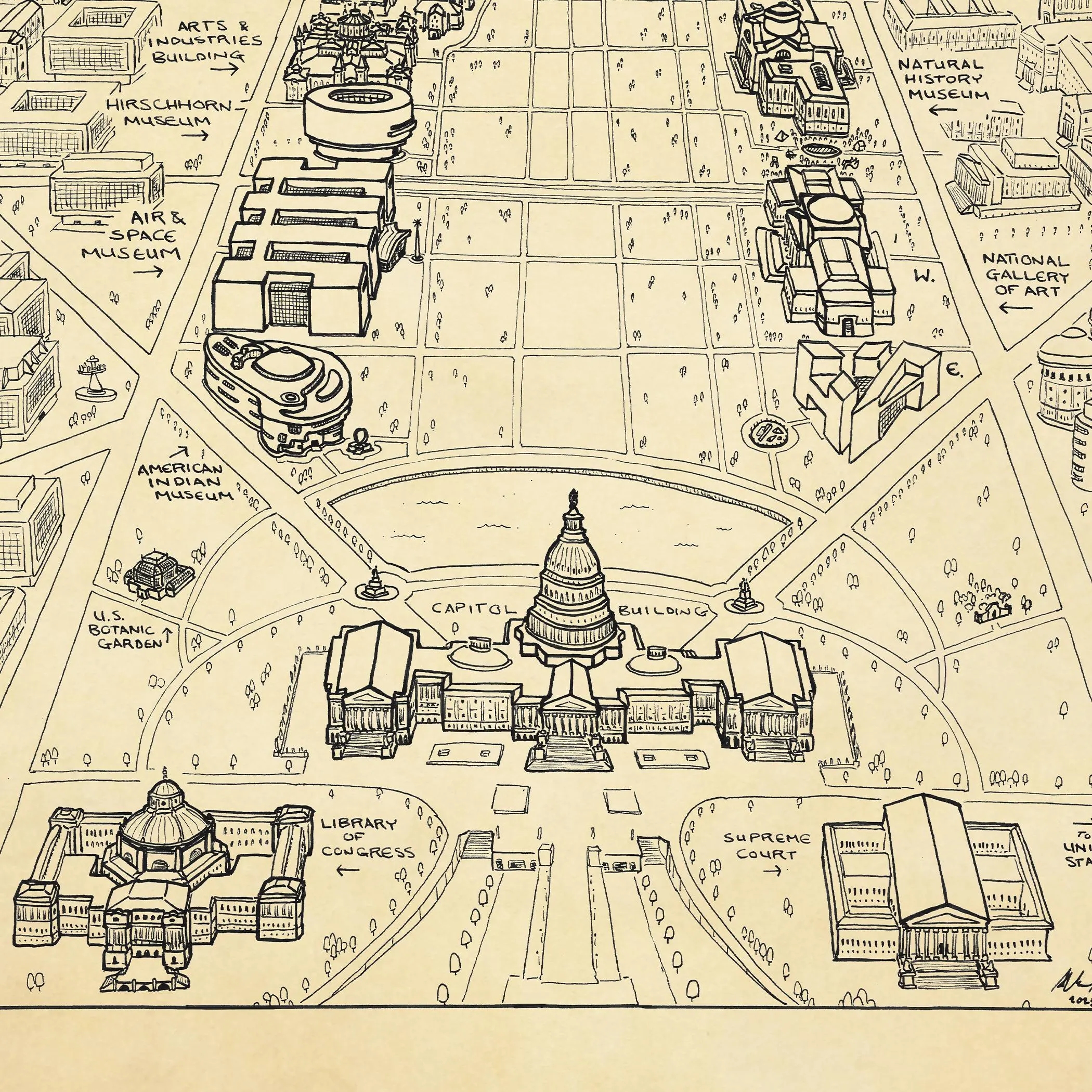 National Mall DC Hand drawn Map Washington DC Art Print By Cryptocartography USA Capitol Museums Art Print Vintage Cartography Poster Etsy